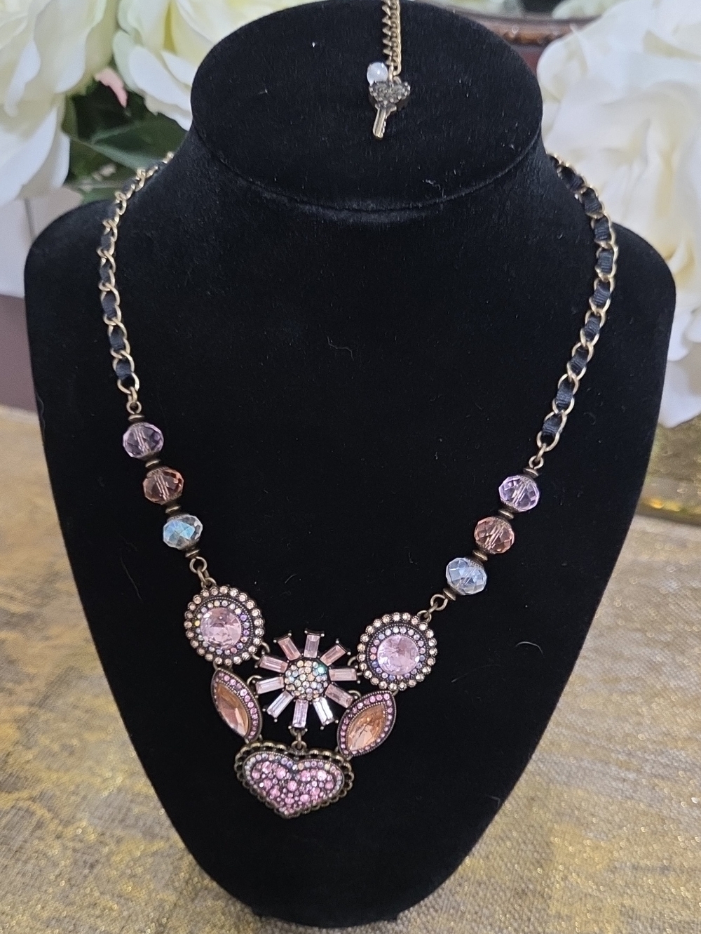 BETSEY JOHNSON Pink Crystal Heart & Floral Statement Necklace - Picture 5 of 5